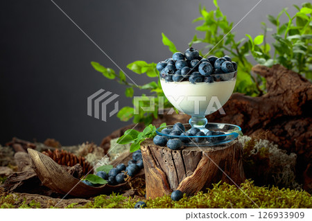 Mascarpone cream with fresh blueberries served in a clear bowl. 126933909