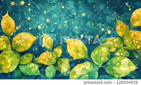Green leaves and gold dots on dark blue background  invitation   greeting card mockups 126934028