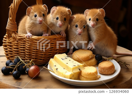 Creative animal concept. A group of mice in a basket in the kitchen are preparing to eat cheese 126934060