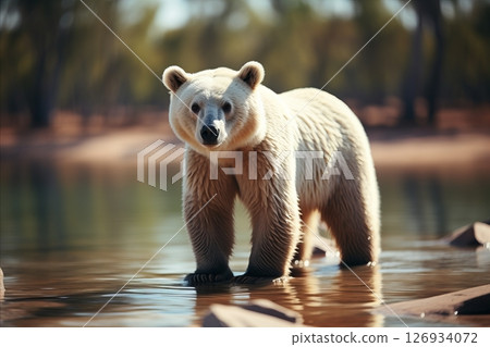 Brown bear seeking relief from the scorching summer by standing in a cool forest stream 126934072