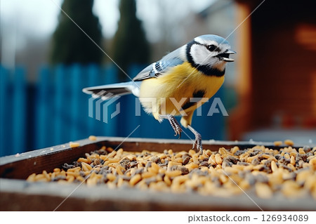 Delightful Close-up of a Blue Tit Bird Enjoying Delicious Seeds in a picturesque Winter Scene 126934089