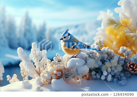 Beautiful Close-up Image of a Blue Tit perched on a Snow-covered Branch in a Serene Winter Forest 126934090