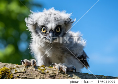 Close-up image of an adorable baby owl perched on a pine branch in the enchanting and serene forest Close-up image of an adorable baby owl perched on a pine branch in the enchanting and serene forest 126934095