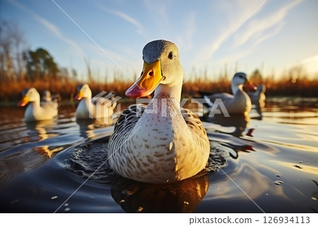 Wild Ducks Swimming in Beautiful Lake Amidst Lush Reeds on Sunny Day, Natural Wildlife Background 126934113