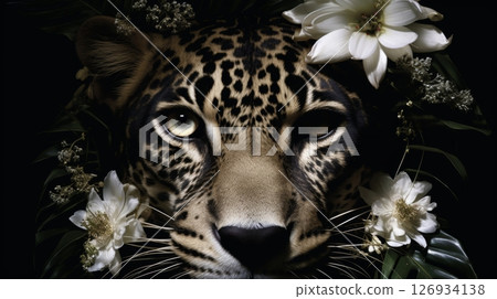 Close-up of a majestic jaguar face surrounded by vibrant tropical flowers on a dark background 126934138