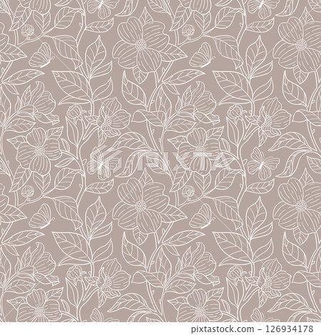 Seamless vector pattern with blooming dogwood and butterflies. Vector hand drawn line illustration. 126934178
