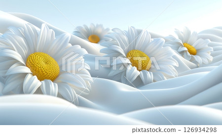 Stylish cotton fabric with daisy flowers for elegant invitation and greeting card mockups 126934298