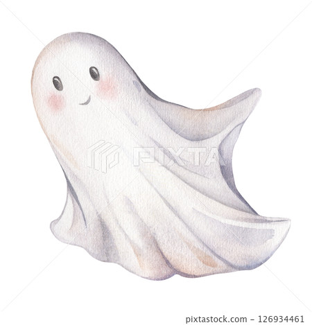Cute ghost for Halloween perfect for kids design. Hand drawn watercolor illustration of a friendly spirit with a playful expression charming and whimsical for festive and children's projects 126934461