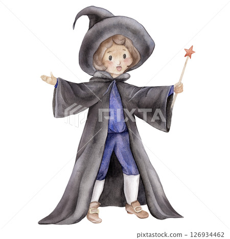 Cute wizard in a black hat and cloak with a magic wand, perfect for Halloween. Hand drawn fantasy illustration of a charming magical character for kids' design, whimsical and enchanting. 126934462