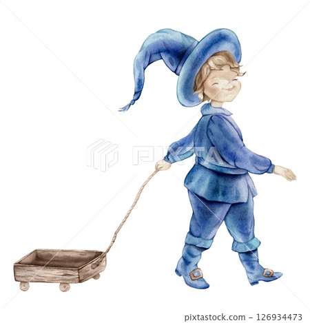 Whimsical wizard in a blue suit and hat with a wooden cart, perfect for Halloween. Hand drawn fantasy illustration of a magical character, charming and enchanting. 126934473