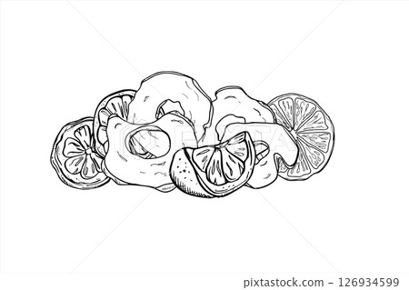 Vector illustration of dried apple slices with lemon and orange citrus heap. Autumn monochrome composition for food packaging, winter beverage branding, festive decoration, cozy seasonal design. 126934599