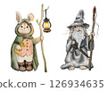 Two magical rabbits. Watercolor illustrations of rabbits in old cloaks and with staffs. For printing on cards, T-shirts, playing cards, dishes, posters, children's products. Fairy-tale vintage style. 126934635