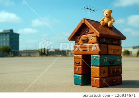 House built from suitcases with toy bear on the roof. Symbolizes displacement, migration 126934671