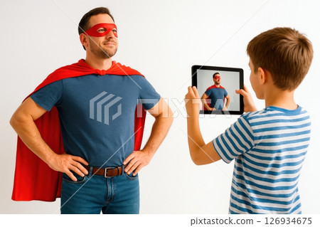 Father dressed as a superhero posing proudly while his son records him with a tablet 126934675