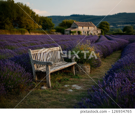 Lavender field and stone farmhouse at dusk 126934765