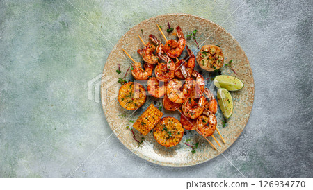 tiger prawns on skewers, shrimp kebab, with corn, fried, homemade, no people, 126934770