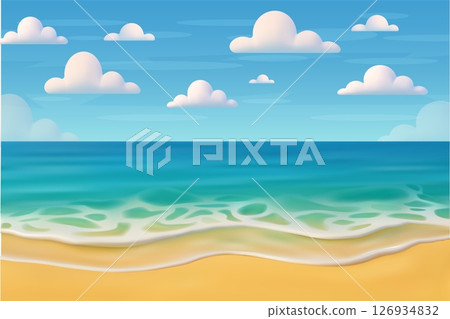 3D Cartoon Beach and Ocean Background with Clouds 3D Cartoon Beach and Ocean Background with Clouds 126934832