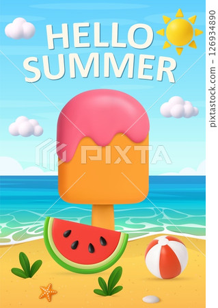 3D Hello Summer Beach Scene with Ice Cream and Watermelon 126934890
