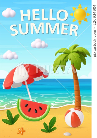 3d Cartoon Beach Scene with Hello Summer Text 3d Cartoon Beach Scene with Hello Summer Text 126934904