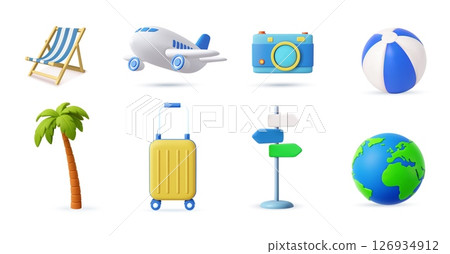 3D Travel and Vacation Icon Set on White Background 126934912