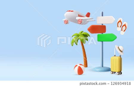 3D Summer Travel Concept with Airplane and Signpost. 3D Summer Travel Concept with Airplane and Signpost. 126934918