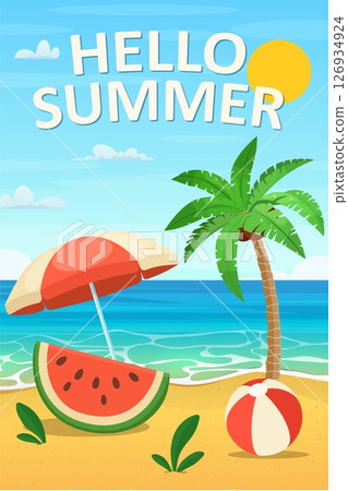 Cartoon Beach Scene with Hello Summer Text 126934924