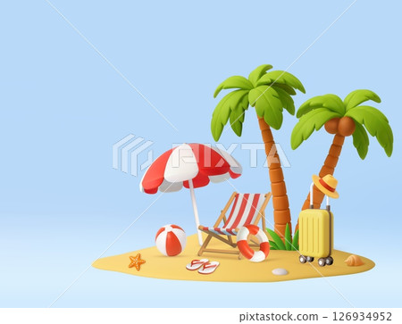 3D Tropical Vacation Scene with Red Umbrella and Luggage 126934952