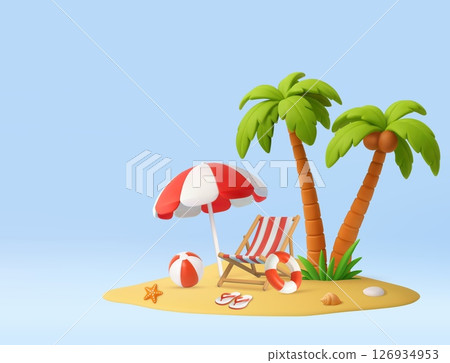 3D Tropical Vacation Scene with Red Umbrella 126934953