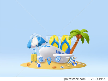 3D Beach Vacation Concept with Airplane and Flip-Flops 3D Beach Vacation Concept with Airplane and Flip-Flops 126934954