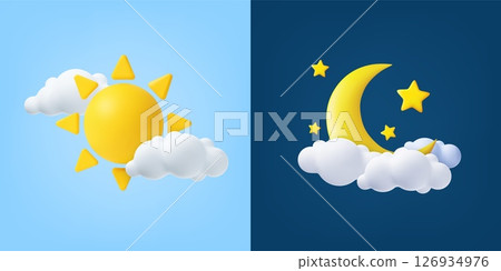 3d Sun and moon icons representing day and night 3d Sun and moon icons representing day and night 126934976