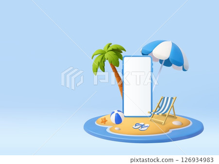 3D Summer Beach with Smartphone Display. 3D Summer Beach with Smartphone Display. 126934983
