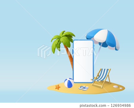 3D Summer Beach Scene with Smartphone Display. 3D Summer Beach Scene with Smartphone Display. 126934986
