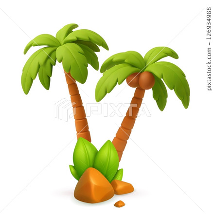 3D Tropical Palm Trees with Rocks and Greenery. 3D Tropical Palm Trees with Rocks and Greenery. 126934988