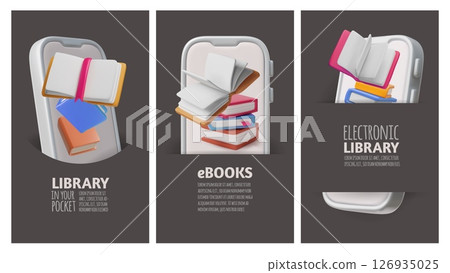 Online book store 3D style poster design vector set, books, literature, dictionaries, electronic library in your pocket 126935025