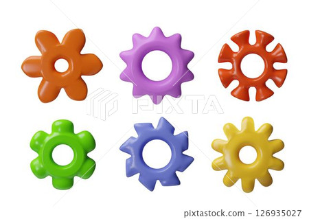 Gear tools different colors 3D vector set, mechanism wheel cogwheel construction element, repair or install setup symbol 126935027