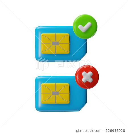Sim card microchip 3D vector icons set, render wireless GSM equipment for mobile phone with rejection and approval sign Sim card microchip 3D vector icons set, render wireless GSM equipment for mobile phone with rejection and approval sign 126935028