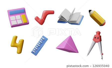 Mathematics, geometric and arithmetic education school supplies, calculator, book, ruler, divider, pencil 3D vector set 126935040