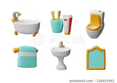Bathroom hygiene accessories and interior equipment 3D vector set, bath, ceramic sink, toilet bowl, towel and mirror 126935042