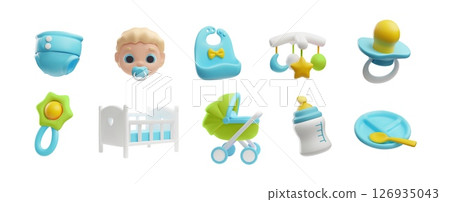 Set of baby things 3D vector collection, cute infant face, buggy, bed, diaper, rattle and carousel toys, feeding utensil 126935043