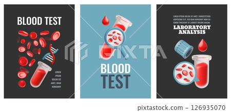 Blood tube testing magnifying glass, laboratory analysis, vector 3D posters set, medical diagnostic healthcare, donation 126935070