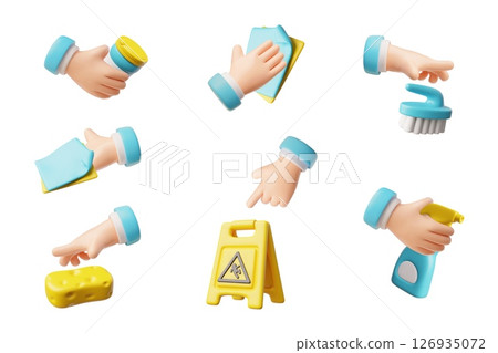 3D icon set with hands holding cleaning items: sponge, rag, brush, detergent and warning sign. 3D icon set with hands holding cleaning items: sponge, rag, brush, detergent and warning sign. 126935072