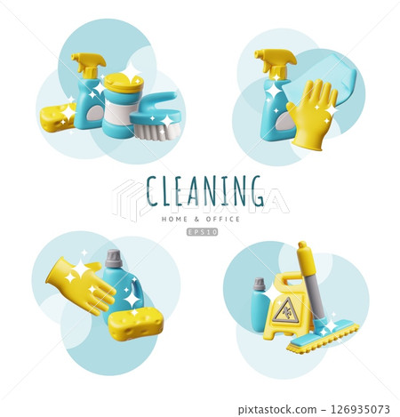 Home and office cleaning tools 3D vector set, realistic collection of cleaning accessories and housekeeping equipment 126935073