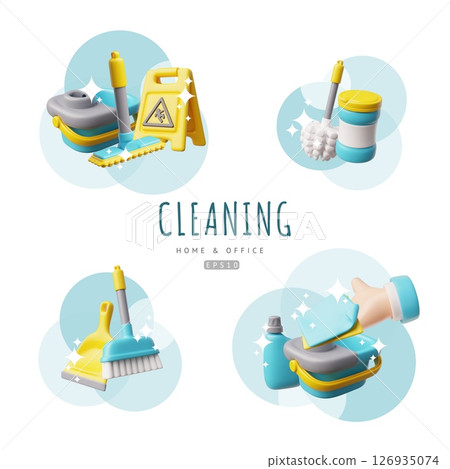 3D vector set of home and office cleaning tools, realistic collection of cleaning accessories and housekeeping equipment 126935074