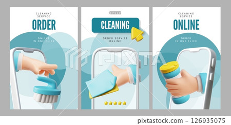 Online order cleaning service, advertising 3D poster vector set, hand from smartphone screen with cleaning equipment 126935075