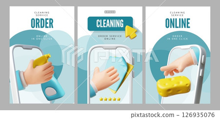 Online order cleaning service advertising design 3D poster vector set, hand from smartphone screen, cleaning equipment 126935076