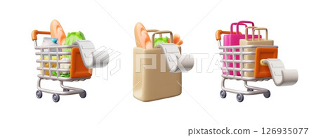 Realistic shopping cart, trolley and bag with food and bill payment 3D vector set, metal basket on wheels with purchases Realistic shopping cart, trolley and bag with food and bill payment 3D vector set, metal basket on wheels with purchases 126935077