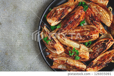 baked, oven-baked fennel, with spices, in olive oil, homemade, no people, baked, oven-baked fennel, with spices, in olive oil, homemade, no people, 126935091