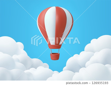 3D Hot Air Balloon Flying Among Clouds. 3D Hot Air Balloon Flying Among Clouds. 126935193