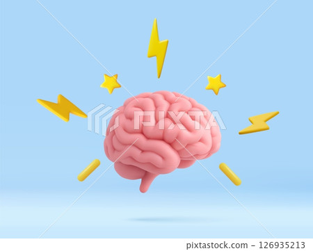 3D Brain with Lightning Bolts and Stars Symbolizing Creativity and Ideas 126935213