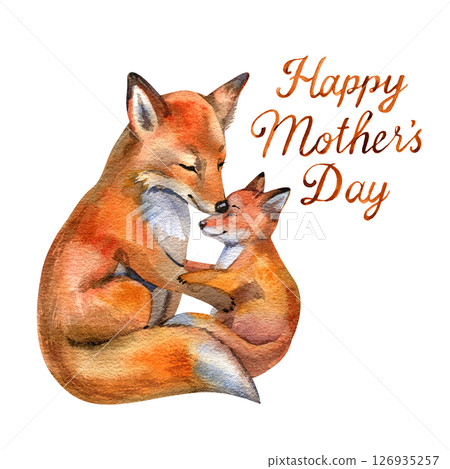 Watercolor Cute mom and baby fox. Mother's Day greeting card. Watercolor Cute mom and baby fox. Mother's Day greeting card. 126935257